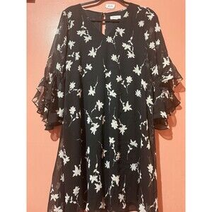 Calvin Klein Womens Dress 10 Black White Floral Sheer Lightweight Bell Sleeve
